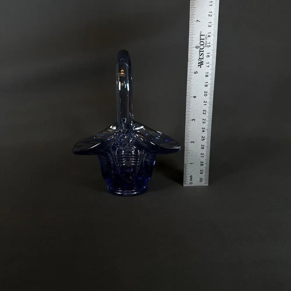 VINTAGE FENTON BLUE GLASS BASKET WITH HANDLE 6